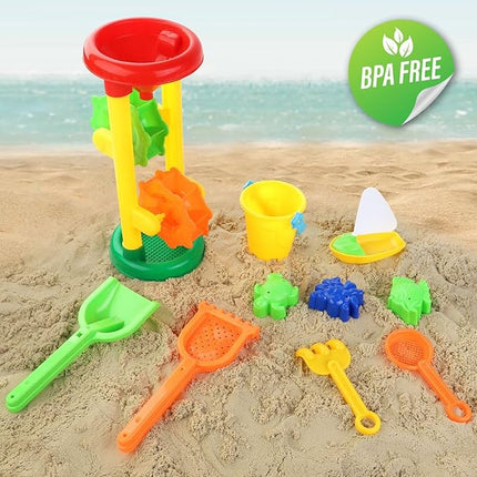 Liberty Imports Double Sand & Water Wheel Tower Beach Toy Set w/Built-in Funnel, Sieve, Bucket, Shovel, Rake, Animal Molds for Kids, Toddlers Play
