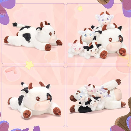 IKASA Mommy Cow Stuffed Animal Mom and Baby Plush, 15" Cute Soft Mama Family Set Cuddly Toy with Little Mini Babies,Gifts for Kids