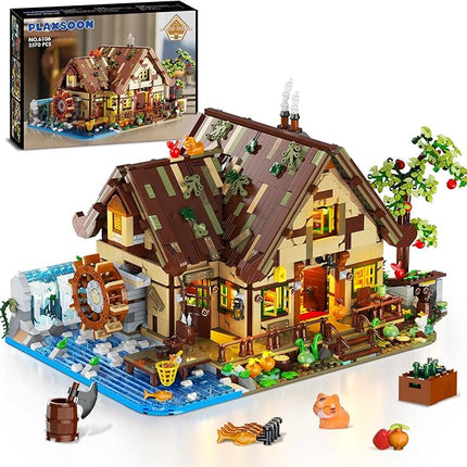 Wood Cabin Mini Building Set with Lights, Forest House Building Block Kit with Animals Stream Waterwheel, 2570 PCS Treehouse Construction Model Toy Collection for Adults Teens Boys Girls 12+