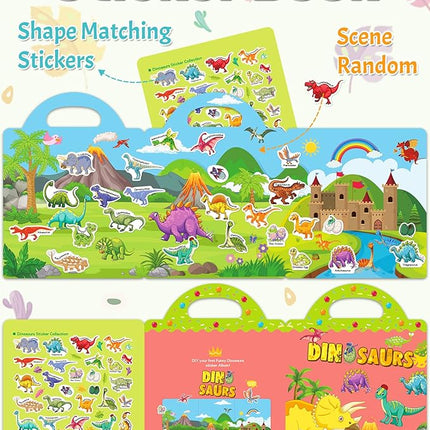 Benresive Reusable Sticker Book for Toddlers 2-4 Years, Fun Travel Stickers for Kids, Waterproof Sticker Books for Toddlers 1-3, Crafts Activities for Todddlers 1-3 2-4 3-5 - Dinosaurs