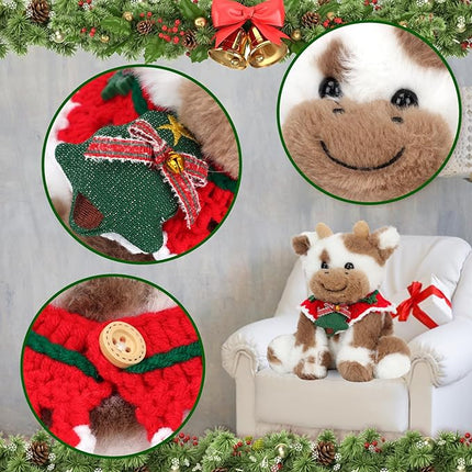 Hopearl Adorable Christmas Plush Cow Toy Floppy Dairy Cattle Soft Stuffed Animal Cute Xmas Gifts for Boys Girls Kids Toddlers, Light Brown, 9''