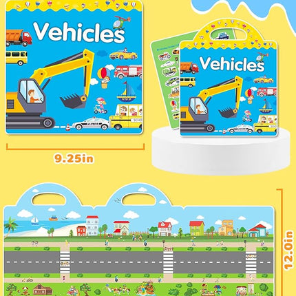 Benresive Reusable Sticker Book for Toddlers 2-4 Years, Fun Travel Stickers for Kids, Waterproof Sticker Books for Toddlers 1-3, Crafts Activities for Todddlers 1-3 2-4 3-5 - Vehicle