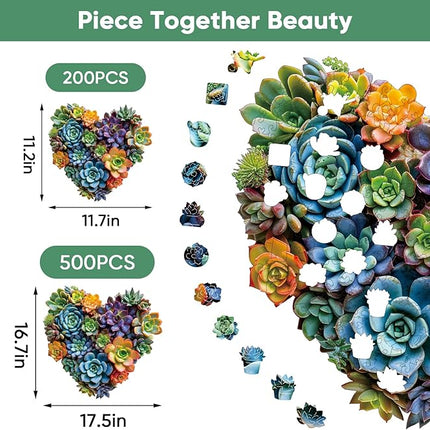 Mys Aurora Jigsaw Puzzles,200 Pieces Heart Succulent Wooden Puzzles for Adults, Unique Shaped Plant Puzzles,Brain Teaser Family Flower Puzzle Game Medium 11.7'' x 11.2''