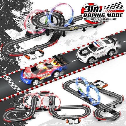 3 IN 1 Slot Car Race Track Sets with 4 High Speed Slot Cars, Electric Race Car Track Include Circular Overpass Flash Tracks, 1:43 Remote Control Track Car Game Toys Gifts for Adults Boys Ages 6 7 8-12