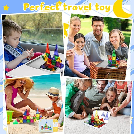 BEBOAN Travel Mini Magnetic Tiles 30PCS for Kids Ages 3+, Portable Travel Toy Essential Building Set Construction Toys with Storage Iron Case for Toddlers 3+ Boys Girls Birthday Gift