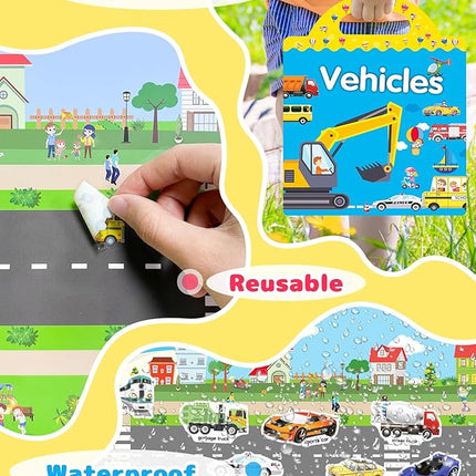 Benresive Reusable Sticker Book for Toddlers 2-4 Years, Fun Travel Stickers for Kids, Waterproof Sticker Books for Toddlers 1-3, Crafts Activities for Todddlers 1-3 2-4 3-5 - Vehicle