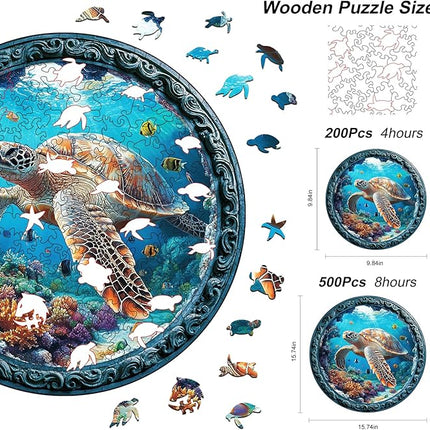 Wooden Puzzle for Adults – Unique Sea Turtle-Shaped Jigsaw, Ocean Animal Design Brain Teaser for Kid & Teen 220 Pieces, 10"x10", Ships as Whole Puzzle Board, Gift-Ready Box, Fun Family Game,