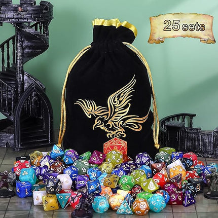 QMay DND Dice Set -25x7 (175pcs) Polyhedral Dice Compatible with Dungeons and Dragons D&D RPG MTG Table Games.25 Sets of 7 dice and a dice Bag
