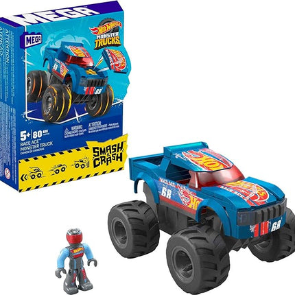 MEGA Hot Wheels Monster Trucks Toy Car Building Set, Smash & Crash Race Ace with 85 Pieces, 1 Micro Action Figure Driver, Blue, Kids Age 5+ Years