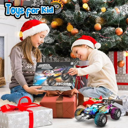 Remote Control Car, All Terrain Remote Control Truck for Boy, 2.4GHz Rc Car with Bodylight and Two Rechargeable Batteries, 20KM/H Monster Truck Toys