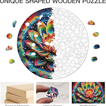Wooden Puzzle for Adults – Unique Lotus-Shaped, Flower Design Brain Teaser for Kid & Teen, 210 Pieces, 10"x10", Ships as Whole Puzzle Board (No Loose Pieces), Gift-Ready Box, Fun Family Game,