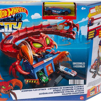 Hot Wheels Toy Car Track Set City Scorpion Flex Attack & 1:64 Scale Police Vehicle, Bendable Tail Extends 2.6 Ft., Connects to Other Sets