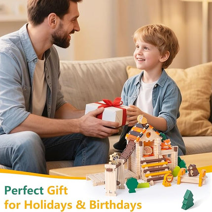 Wooden Building Blocks Wooden Building Blocks Construction Set Preschool Learning Montessori Toys Construction City Stacking Toys for Kids Ages 3-8 Birthday Gift (Log Color)