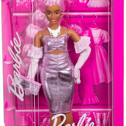Barbie Deluxe Style Doll #1 in Barbiecore Outfit, Pink Hair and Glossy Pink Dress with Accessories Like Velvet Gloves, Money Purse, and More