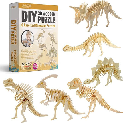 Hands Craft DIY 3D Wooden Puzzle – 6 Assorted Dinosaur Bundle Pack Set Brain Teaser Puzzles Educational STEM Toy Adults and Kids to Build Safe and Non-Toxic Easy Punch Out Premium Wood JP2B1