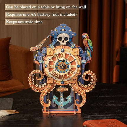 3D Wooden Puzzles for Adults - Octopus Sea Monster Clock, Wooden 3D Mechanical Wood Model Kit, DIY Model Kits for Home Decor, Good Gifts Idea for Family and Friends