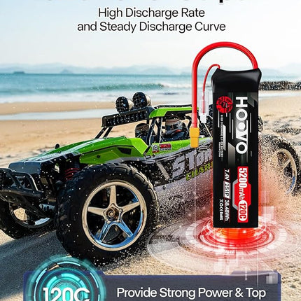 HOOVO 2S Lipo Battery, 7.4V 5200mAh 120C RC Battery Pack,Softcase with XT60 Plug for RC Car Truck Buggy Crawler Airplane Boat RC Vehicle,2Packs