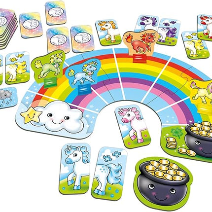 Orchard Toys Moose Games Rainbow Unicorns Game. Race Your Unicorns Over The Rainbow to a Pot of Gold in This Magical, Fun Color-Matching Game! Ages 3+ for 2-4 Players