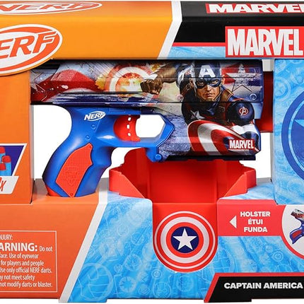 Nerf Marvel Captain America Dart Blaster, 10 Elite Darts, Holster, Toy Foam Blasters for 8 Year Old Boys & Girls & Up