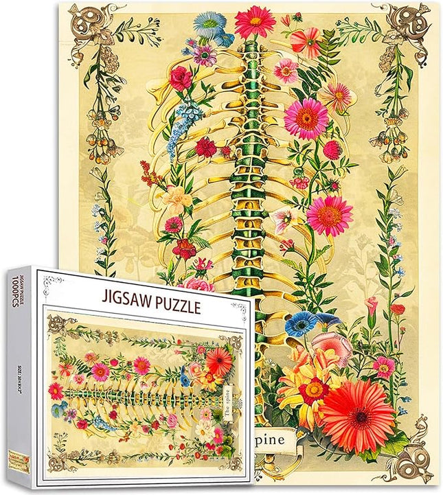 Spine Skeleton Jigsaw Puzzle Human Anatomy Flower 1000 Pieces Puzzles Game Human Skull Floral Puzzles for Adults Home Decor Family Puzzle Perfect for Game Nights Ideal Gift Choice 20 x 27 Inch
