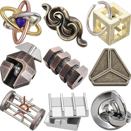 Wettarn 9 Pcs Metal Brain Teaser Puzzles Teaser 3D Steel Puzzle for Adults Unlock Interlocking Games IQ Education Smart Logic Test Toys for Adults Mind Challenge(Magic Style)
