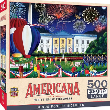 Masterpieces - 500 Piece Jigsaw Puzzle, Large EZ Grip Shapes, White House Fireworks, Fun for Adults, Seniors, Family, Kids, 19.25" x 26.75"