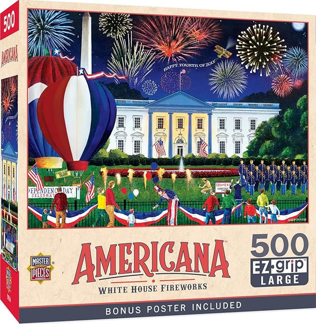 Masterpieces - 500 Piece Jigsaw Puzzle, Large EZ Grip Shapes, White House Fireworks, Fun for Adults, Seniors, Family, Kids, 19.25" x 26.75"