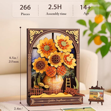 Wowood 3D Wooden Puzzles for Adults - Van Gogh Golden Sunflower DIY Model Building Kits with LED Light - Home Decor, Wall Art & Unique Creative Gifts for Art Lovers