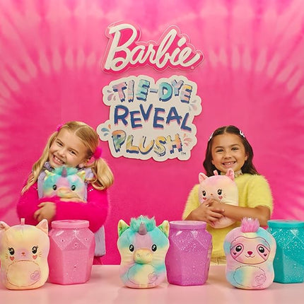 Barbie Mattel Tie-Dye Reveal Plush Toys, 7-inch Soft Stuffed Animal with DIY Washable Fabric Craft Including 3 Colors (Styles May Vary)