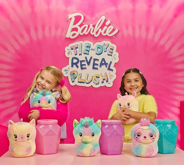 Barbie Mattel Tie-Dye Reveal Plush Toys, 7-inch Soft Stuffed Animal with DIY Washable Fabric Craft Including 3 Colors (Styles May Vary)