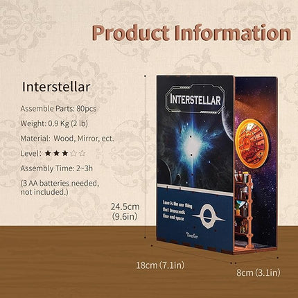 Tonecheer DIY Book Nook Kit for Adults,3D Wooden Puzzle Bookend Bookshelf Insert Library Decor, Booknook Miniature House Kit with Body Motion Sensor LED Light（Interstellar）