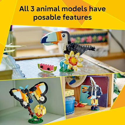 LEGO Creator 3 in 1 Wild Animals: Tropical Toucan Building Toy for Kids- Jungle Building Blocks & Learning Toy for Girls & Boys, Ages 7+ - Build 3 Animal Toys in 1 Set - Gift for Birthdays - 31173