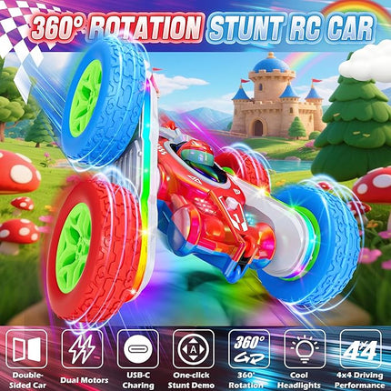 Remote Control Car for Kids Toys with Shiny Electroplated Finish, RC Cars Stunt Toy with LED Lights, 2.4GHz Double-Sided 360° Flips, USB-C Fast Charging, Perfect Birthday Xmas Gift for Boys
