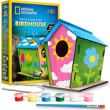 National Geographic Build Your Own Birdhouse Kit – DIY Wooden Birdhouse Craft with Paints, Brush, Bird-Watching Journal & Educational Poster for Kids, Bird House Craft
