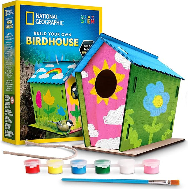 National Geographic Build Your Own Birdhouse Kit – DIY Wooden Birdhouse Craft with Paints, Brush, Bird-Watching Journal & Educational Poster for Kids, Bird House Craft