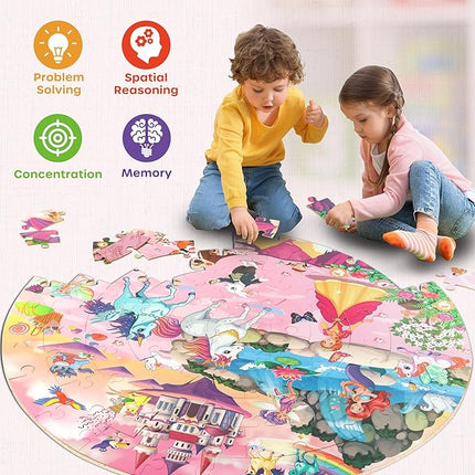 SYNARRY Unicorn Princess Mermaid Fairy Floor Puzzle for Kids Ages 3-5, Large 70 Piece Wooden Puzzle for Kids Ages 4-6, Preschool Toys Gifts for 3 4 5 6 7 8 Years Old Boys Girls Children