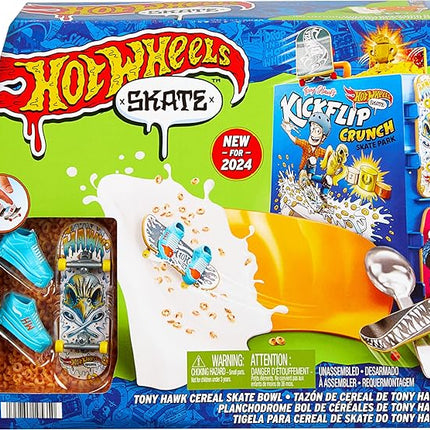Hot Wheels Skate Tony Hawk Cereal Bowl Fingerboard Set, 1 Exclusive Board & Pair of Removable Skate Shoes, Storage for up to 4 Boards & 4 Pairs of Shoes