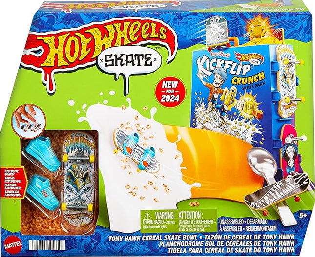 Hot Wheels Skate Tony Hawk Cereal Bowl Fingerboard Set, 1 Exclusive Board & Pair of Removable Skate Shoes, Storage for up to 4 Boards & 4 Pairs of Shoes