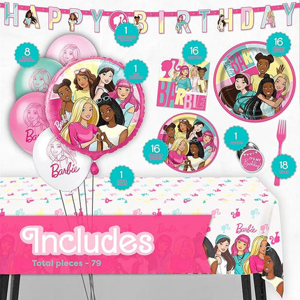 Barbie Birthday Party Decorations | Barbie Party Decorations | Serves 16 Guests | Balloons, Banner, Tablecover, Plates, Napkins, Button | Officially Licensed