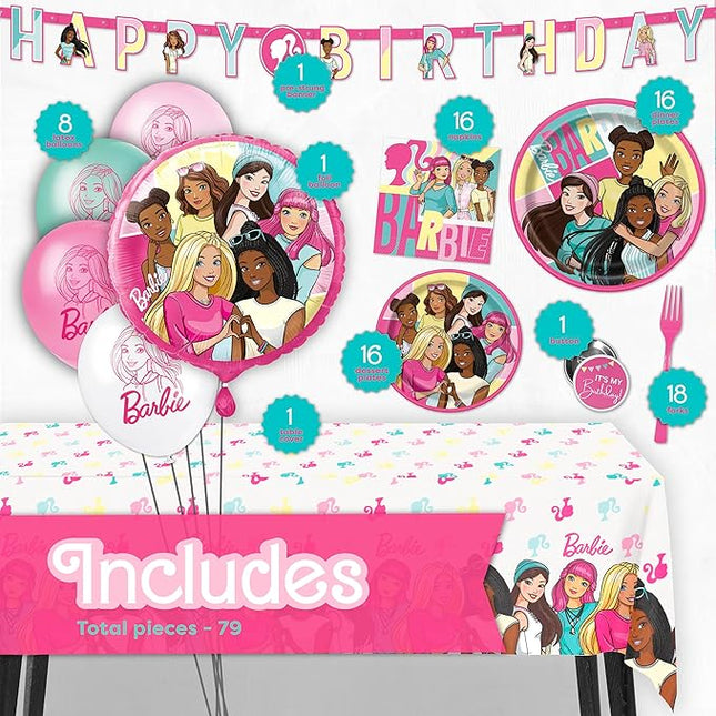 Barbie Birthday Party Decorations | Barbie Party Decorations | Serves 16 Guests | Balloons, Banner, Tablecover, Plates, Napkins, Button | Officially Licensed
