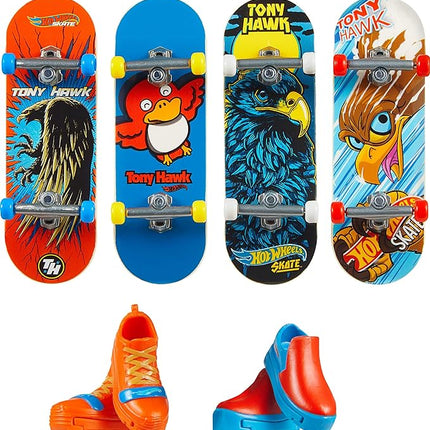 Hot Wheels Skate Tony Hawk Fingerboard & Removable Skate Shoes Multipack, 4 Fully Assembled Boards, 2 Pairs of Skate Shoes, 1 Exclusive Set (Styles May Vary)