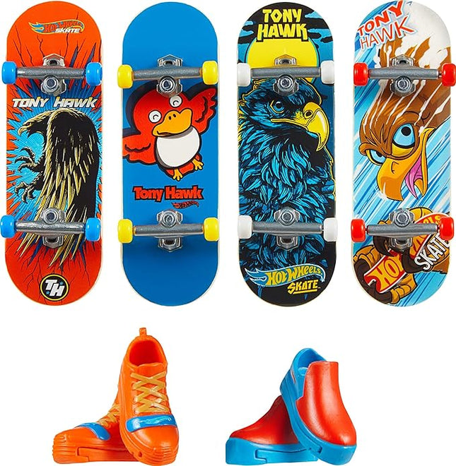 Hot Wheels Skate Tony Hawk Fingerboard & Removable Skate Shoes Multipack, 4 Fully Assembled Boards, 2 Pairs of Skate Shoes, 1 Exclusive Set (Styles May Vary)