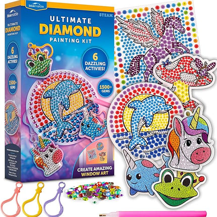 Blue Marble Ultimate Diamond Painting Kit for Kids – 6 Craft Activities with 1500+ Gems, Make 3 Window Art Pieces & 3 Keychains, Includes Applicator Pens, Gem Trays & Stencils, Kids Crafts