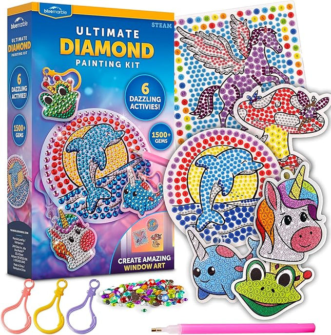 Blue Marble Ultimate Diamond Painting Kit for Kids – 6 Craft Activities with 1500+ Gems, Make 3 Window Art Pieces & 3 Keychains, Includes Applicator Pens, Gem Trays & Stencils, Kids Crafts