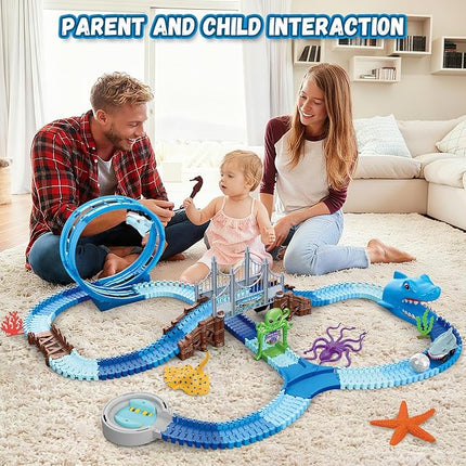 VATOS Shark Track Toys - 219 Pcs Flexible Race Track Set with 360° Loops, Electric Shark Car & Auto-Rotating, Create a Shark Theme Road Race, STEM Toy Birthday for Boys Girls Ages 3-8