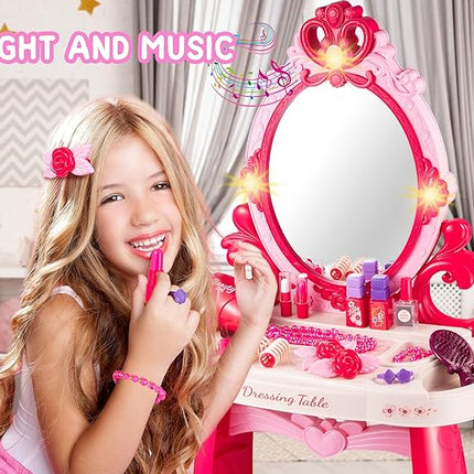 Toddler Vanity Makeup Table Toy with Mirror&Chair，Kids Vanity Set with Light&Music、Pretend Play Makeup Accessories with Hair Dryer Toy，Gift for Girls and Toddlers2 3 4 5 6Years Old