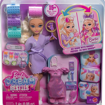 Barbie Dream GET Ready Malibu” Fashion Doll with Stylized Hair, Including Surprise Hair Accessories & 15+ Looks