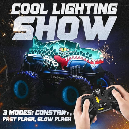 BEZGAR Monster Truck Toys - Remote Control Monster Trucks with Light & Music, Dinosaur Toys for Kids, 1:20 Scale RC Truck with 360° Spins and Drifting, Remote Control Car for Boys with Two Car Shells