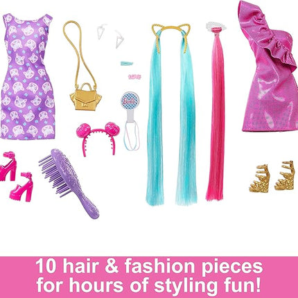 Barbie Fun & Fancy Set, Fashion Doll with Extra-Long Color-Streaked Blonde Hair, Clothes & Styling Accessories