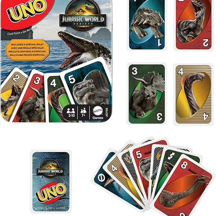 Mattel Games UNO Jurassic World Rebirth Card Game in a Collectible Tin for Kids, Adults & Family with Special Rule & Images Inspired by The Movie